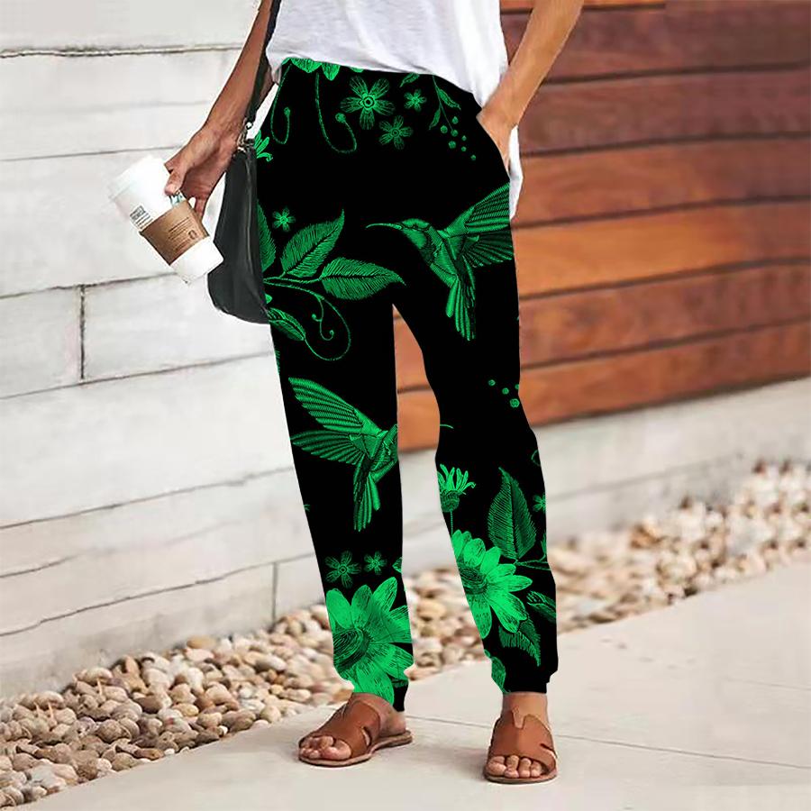 Women Bird Printing Pants Lace Up Elastic Waist Loose  Trousers Casual Long Pants Trousers with Pockets