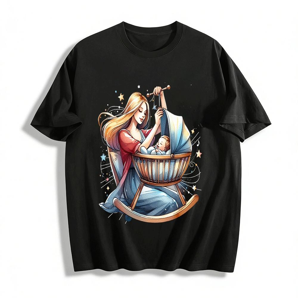 Gentle Mom Rocking Sleeping Baby Parent-Child Print Casual Top Pure cotton T-shirt XXS