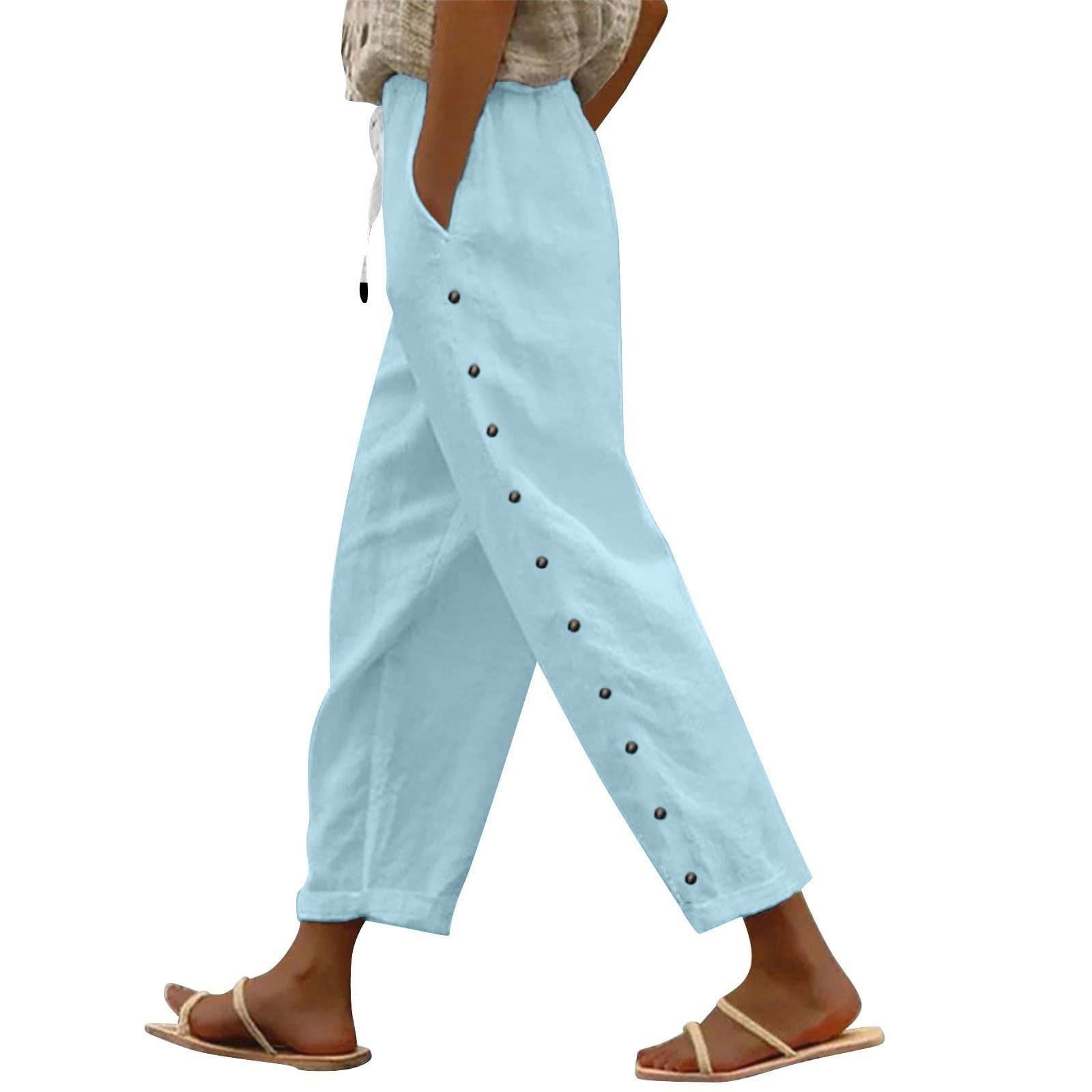 

Women Casual Stripe Print Side Button Up Trendy Pants Baggy Elastic Waist Straight Leg Comfort Trousers With Pocket S