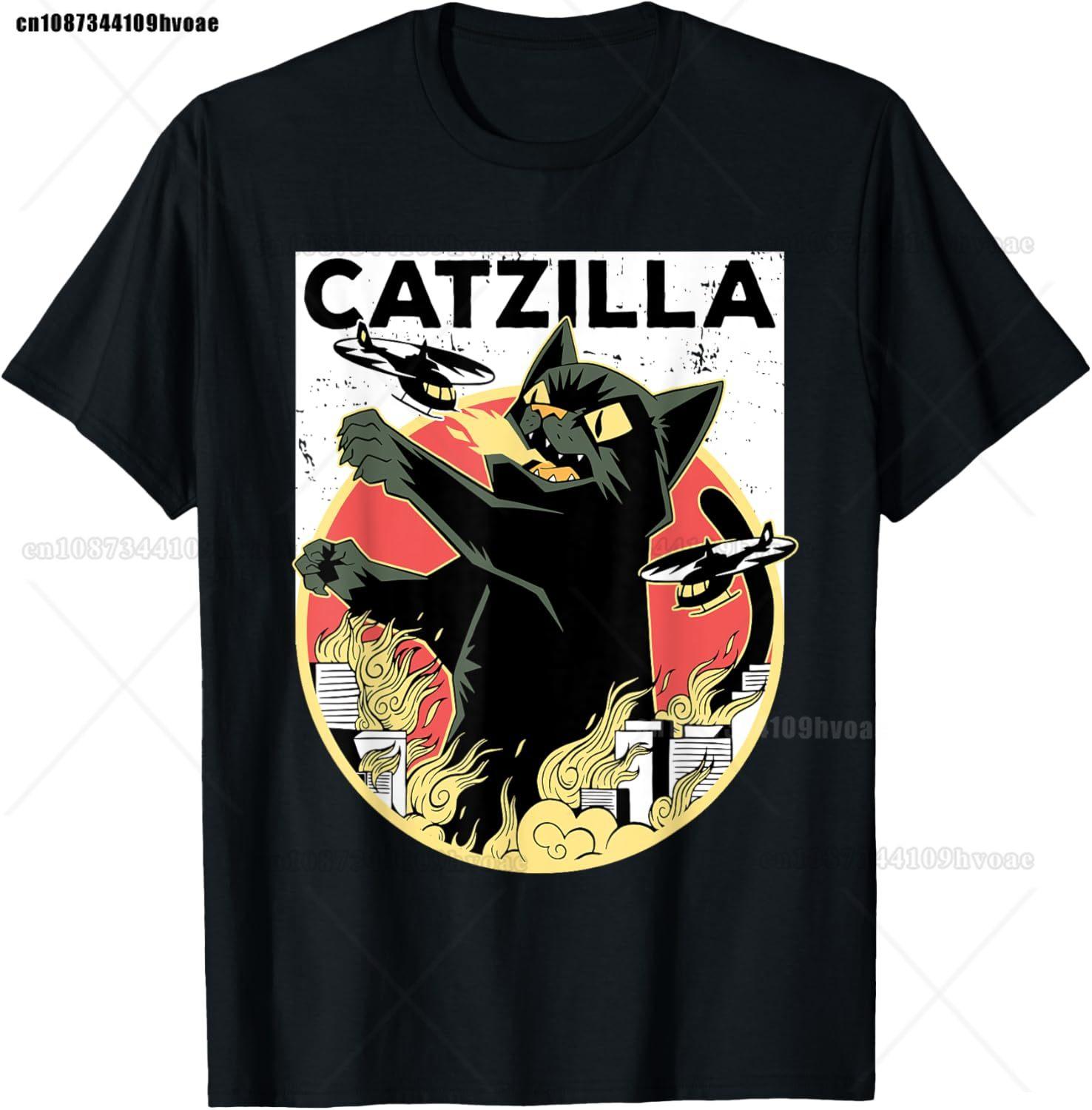 Catzilla Cat Japanese Art Funny Cat Gifts TShirt Top Tees Cotton High Quality Men Hip Hop TShirt Punk Gothic Graphic Breathable S