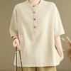 Plus Size Retro Linen Button Pocket T-shirt - Women's Slimming Fashion Short Sleeve Top for Summer 2025.