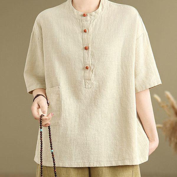 Plus Size Retro Linen Button Pocket T-shirt - Women's Slimming Fashion Short Sleeve Top for Summer 2025.