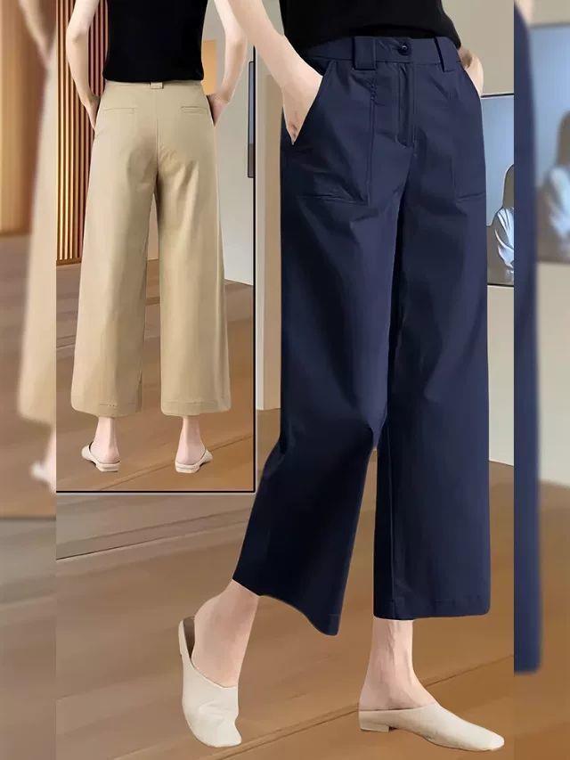 Women's Dark Blue High-Waisted Wide-Leg Casual Pants - Loose Fit for Pear-Shaped Figures, Spring Season.