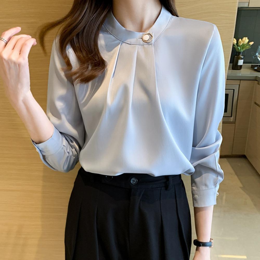 Women's Stand Collar Long Sleeve Loose Fit Blouse Pleated Satin Office Shirt