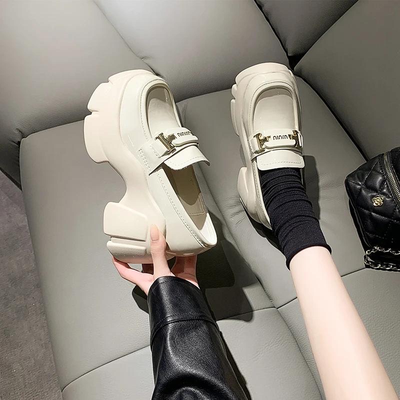 fashion Women Platform Leather Sneakers 2024 Spring Autumn British Style Chunky Shoes Woman 8CM High Heels Ulzzang