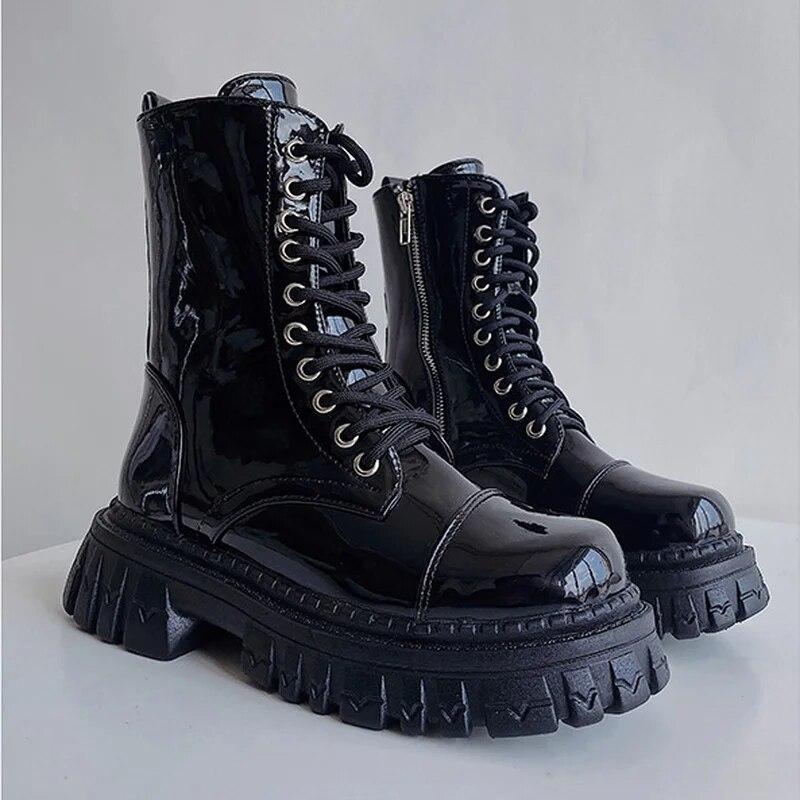 Est  Cool Punk Women Motorcycle Boots Lace Up Chunky Platform Goth Shoes Casual Brand Combat Street Shoes Zapatos De Muje