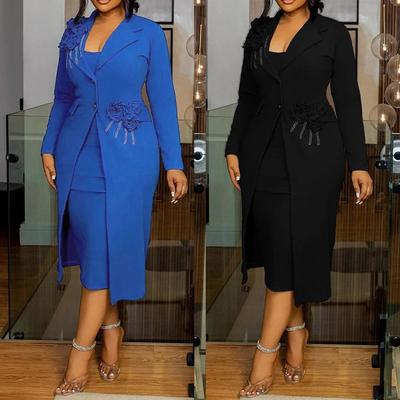Long Blazer and Dress 2 Piece Set with 3D Floral and Crystal Decorations