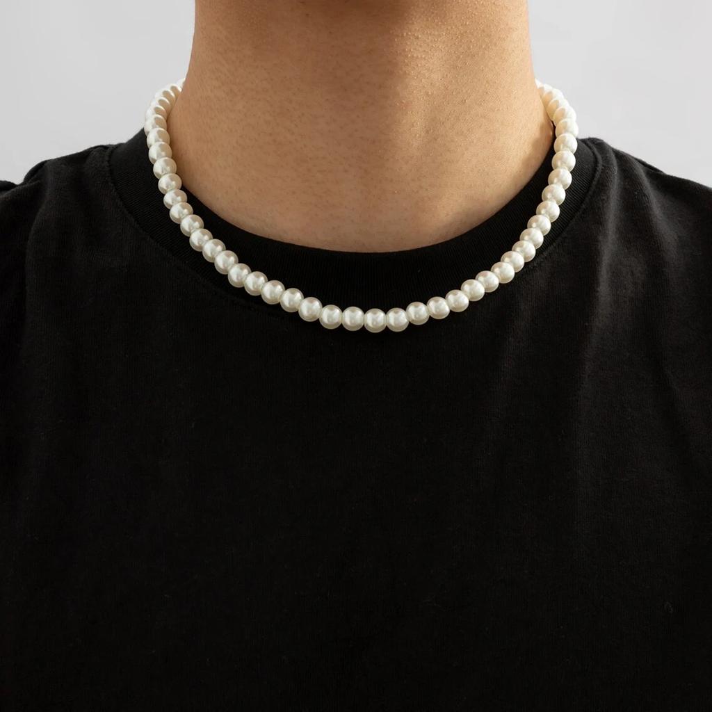Simple Imitation-Pearl Beaded Short Choker Necklace for Men Trendy White Beaded Chains on Neck Accessories 2026 Fashion Jewelry