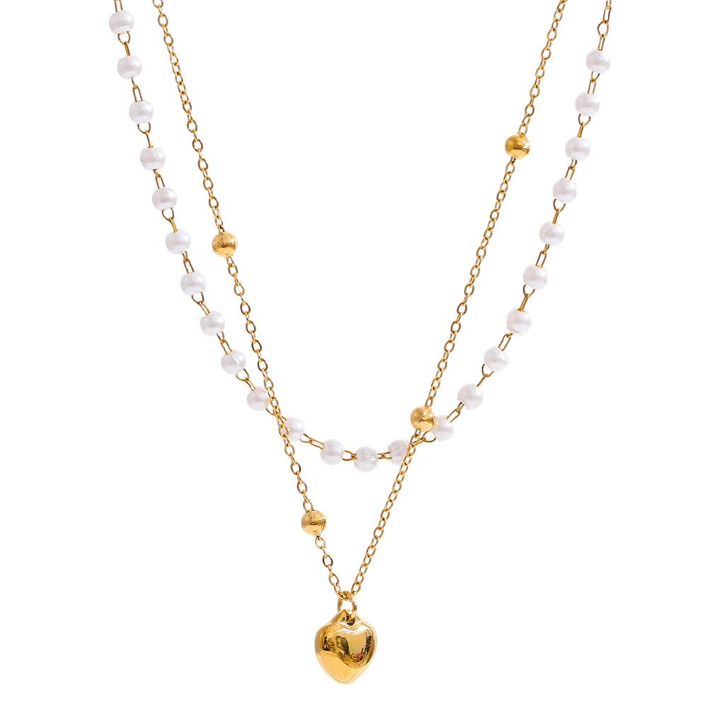 

Yhpup Simulated Pearls Double Layer Chain Heart Drop Overlay Necklace for Women Stainless Steel Trendy Fashion Chic Jewelry