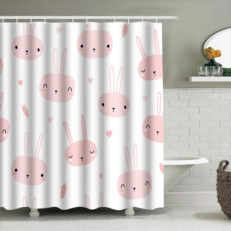 Cute Pink Rabbit Shower Curtain: Adorable Animal Print Waterproof Bathroom Decor For Kids Girl Baby Nursery Room White (180X240C