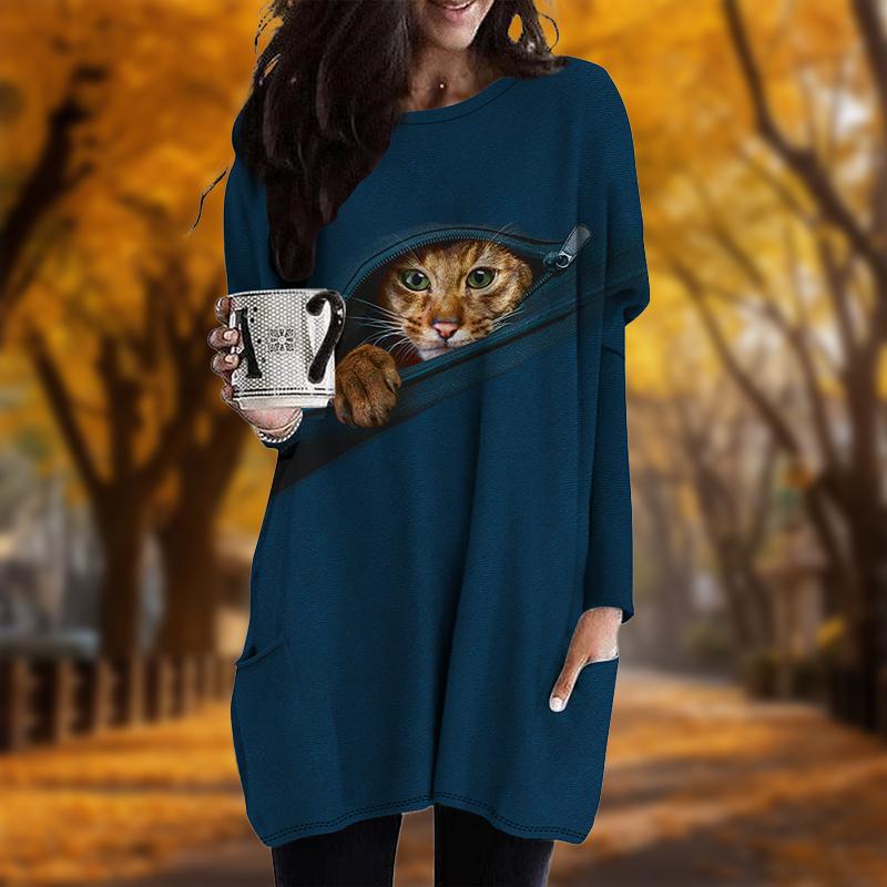 New In Autumn Zipper Cat Print Plus Size Dress Women O'neck Long Sleeves Casual Pocket Dresses