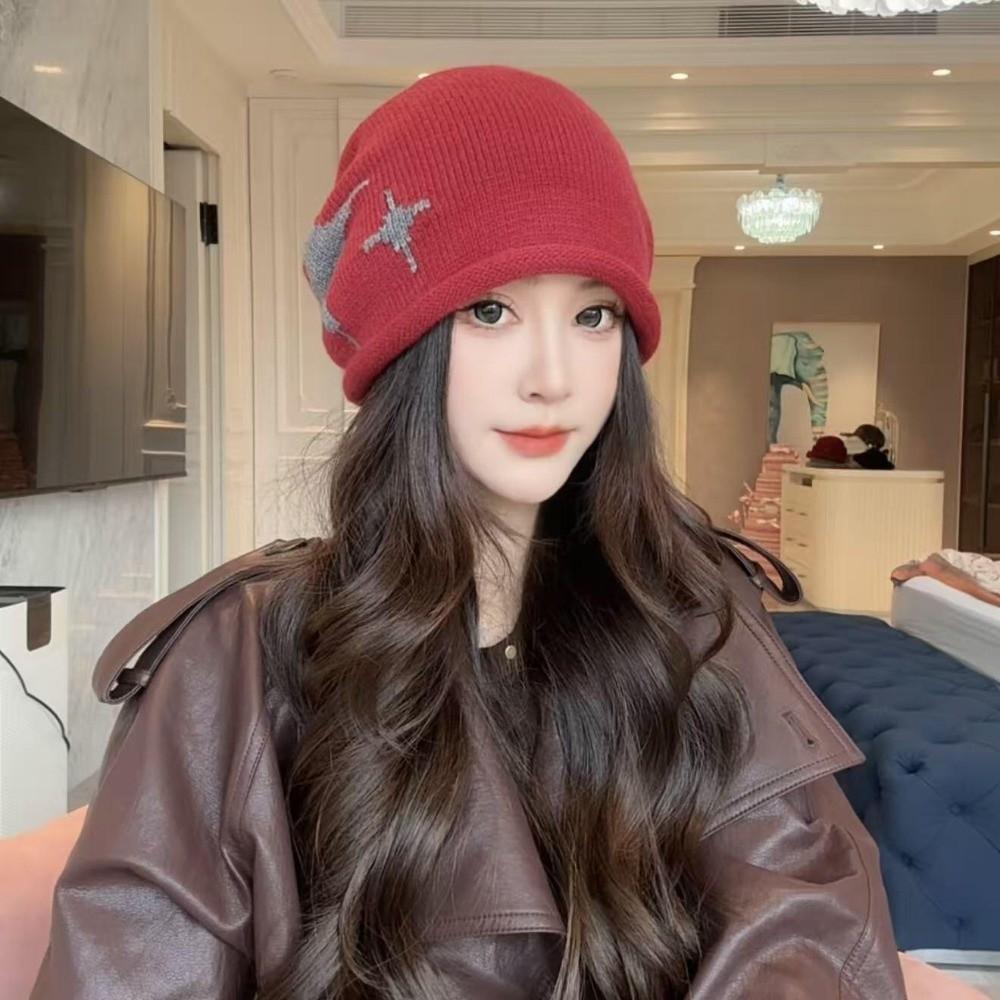 Fashion Star Pattern Knitted Woolen Hat Thickened Windproof Cover Head Cap Keep Warm Cold-proof Drawstring Beanie Cap Women