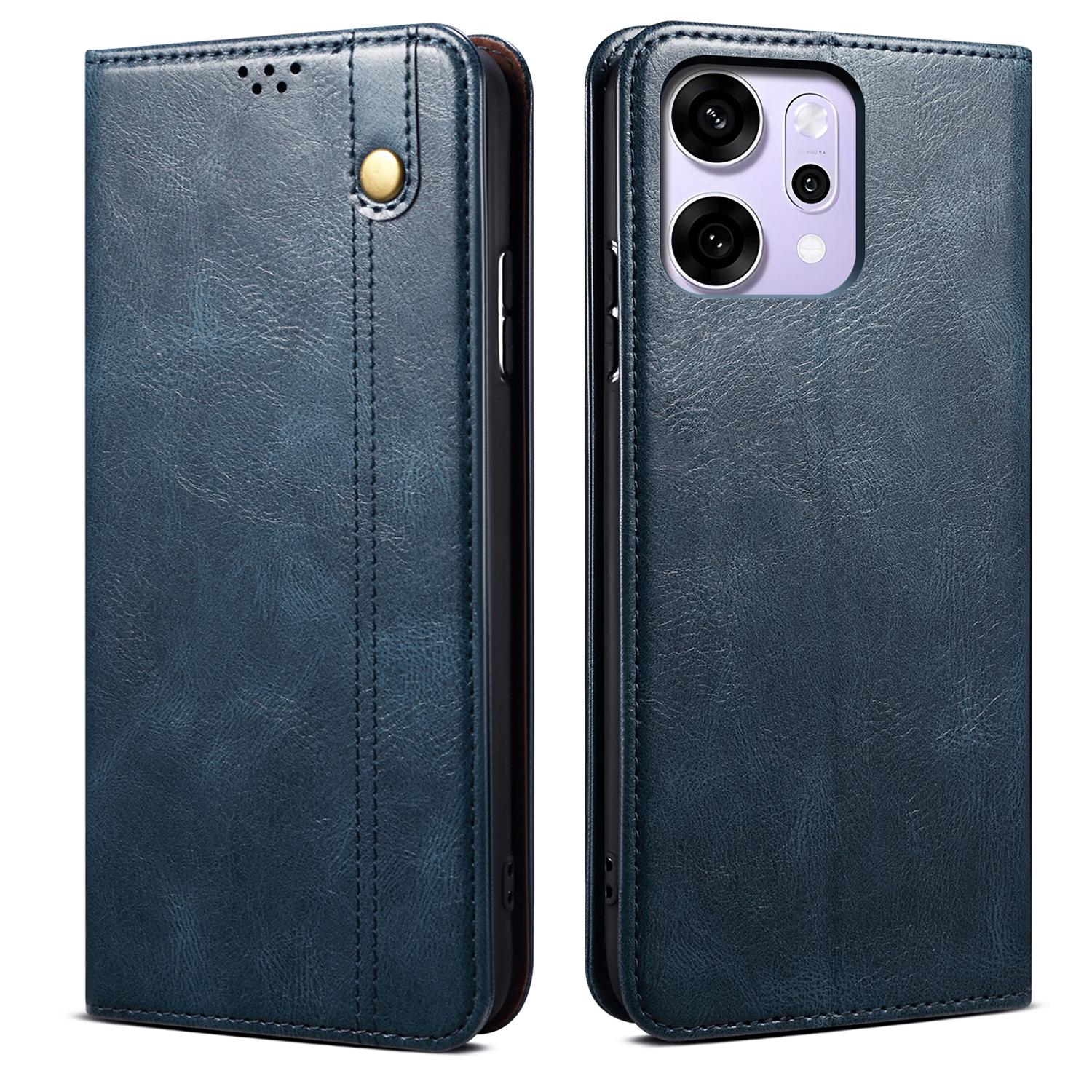 

For Oppo Reno14 5G (Global) Case Crazy Horse Texture Waxy Leather Wallet Stand Phone Cover Blue