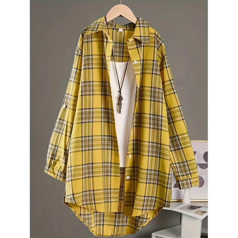 Leinenblusen Damen Damen Hemd mit Knöpfen Chinesischer Stil Damenbekleidung Kariert Langarm Vintage Oberteil Hemden