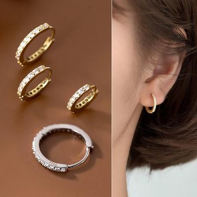 (Pair) P1337W Silver 925 One-Touch Slim Mini Cubic Ring Piercing Earrings