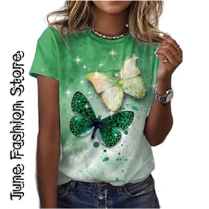 Summer Women's T Shirt Animal Weekend 3D Print Butterfly Graphics Light Green Short Sleeve Tee Fashion Round Neck Tops