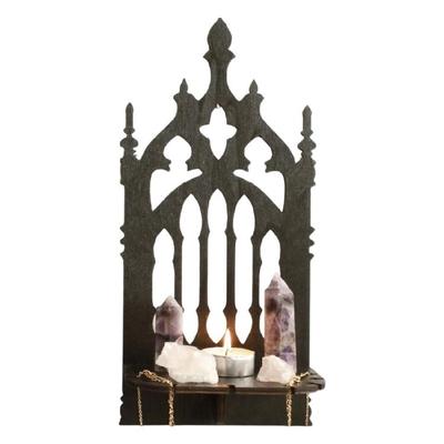 Mensola da Parete Nera a Forma di Trono Gotico in Legno Massello Traforato, Scaffale Espositivo da Parete Multiuso per Decorazioni Domestiche