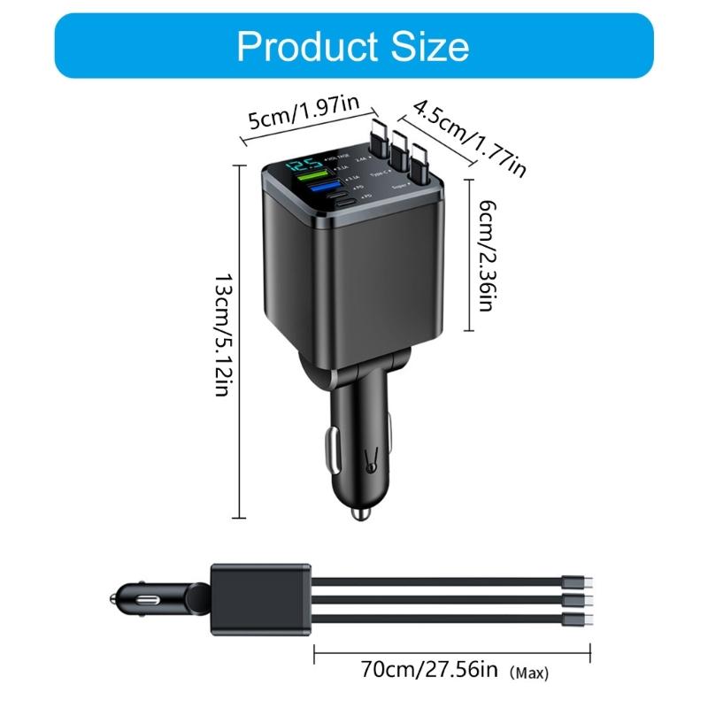 Small Car Charges Retractable 70cm Cable 3 Type C Ports 180 Degree Swivel Head Fast Charging Adapter for Mobile Devices