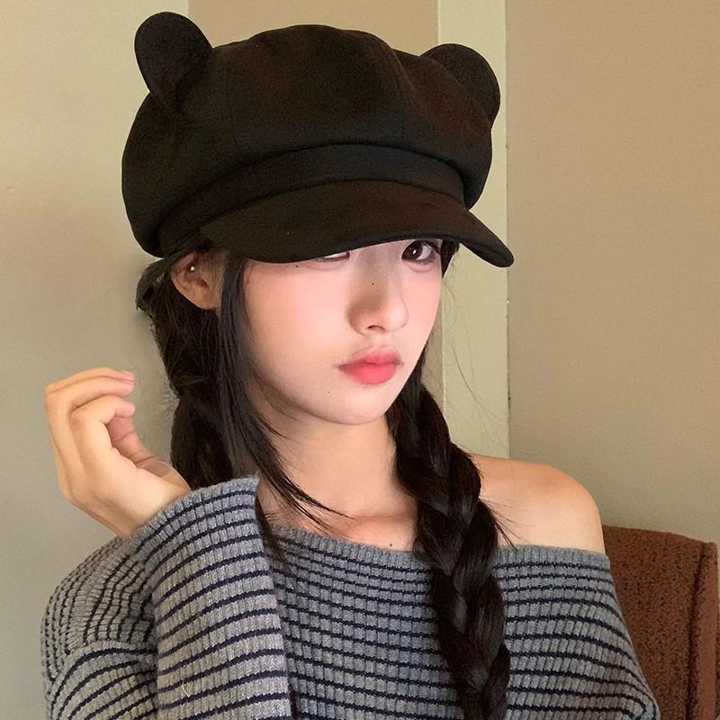 Women's Sweet Bear Ears Suede Octagonal Beret - Cute, Versatile Autumn/Winter Hat for a Flattering Fit