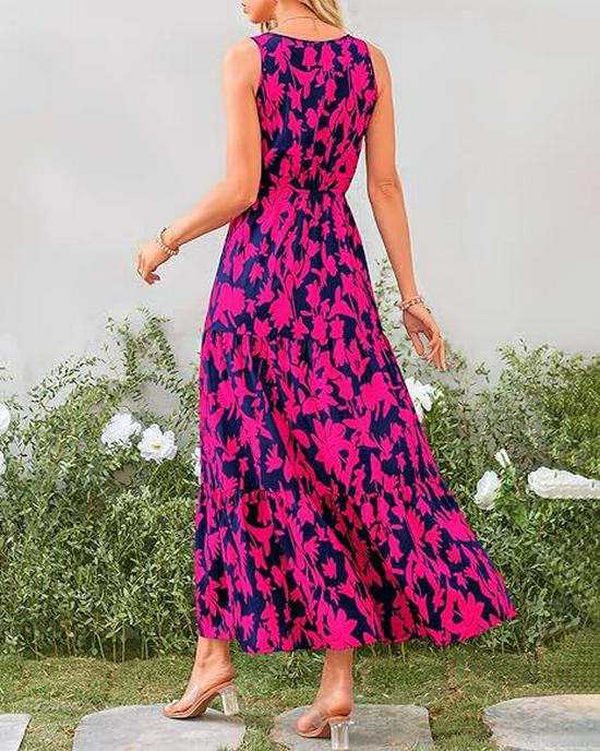 2026 V-Neck Sleeveless Print Dress with Elastic Waist - European & American Style