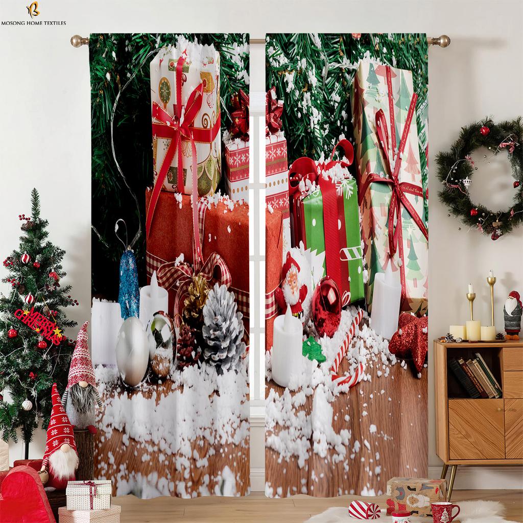 Weihnachtsmann Glocke Cartoon Gedruckte Vorhänge Polyesterfaser Kinderzimmer Restaurant Party Fensterdekoration Vorhänge 2 Stück