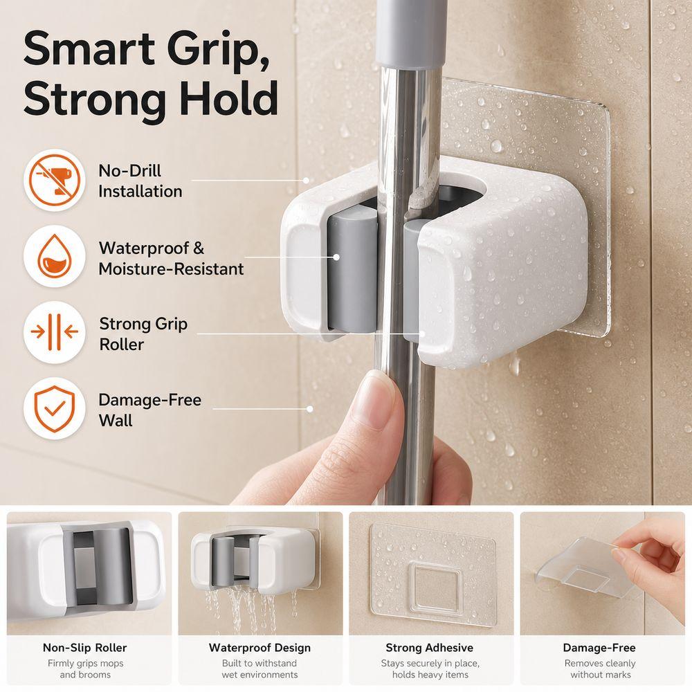 Wall Mounted Mop Holder Hook Waterproof Broom Holder New Cleaning Tool Organizer  Bathroom Storage