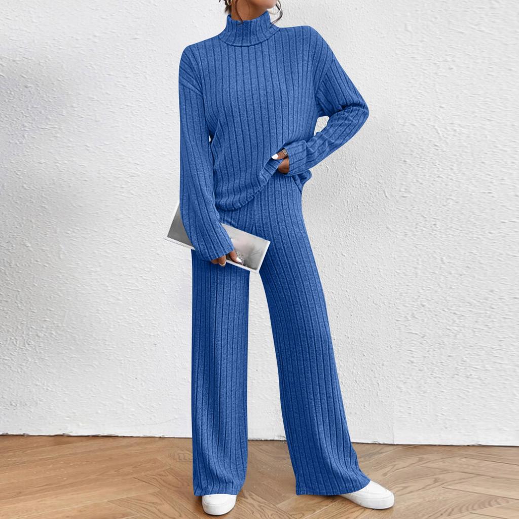 Women's Fashion Solid Color High Collar Long Sleeve Top Elastic Waist Casual Pants Two Piece Set
