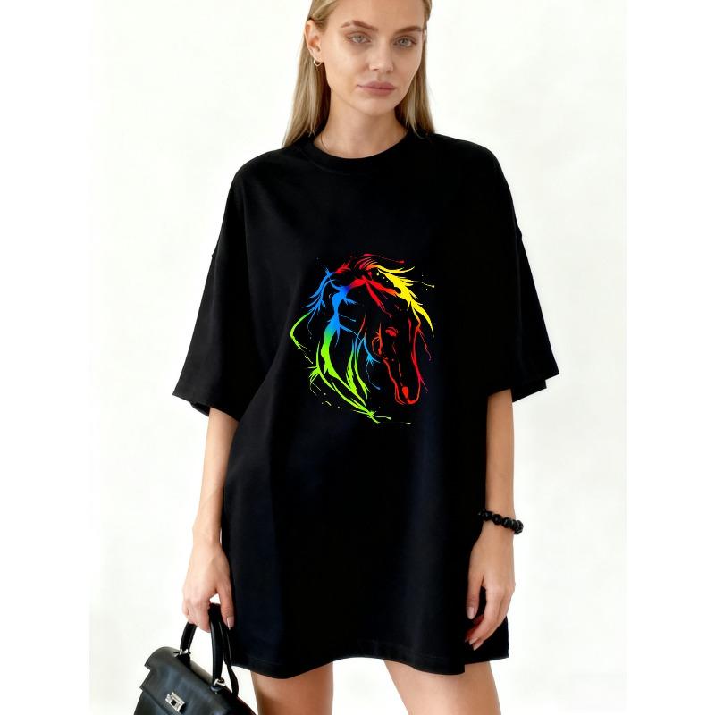 

Oversized T Shirt Black Rainbow Horse Print Casual Wear For Women Fashion Statement Piece Streetwear Style Summer Outfit S чёрный