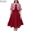 ZANZEA Women Casual Fake Two Piece Patchwork Retro Print Short Sleeve Dress