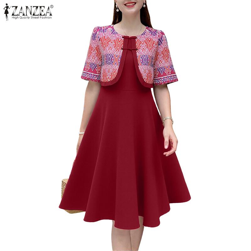 ZANZEA Women Casual Fake Two Piece Patchwork Retro Print Short Sleeve Dress