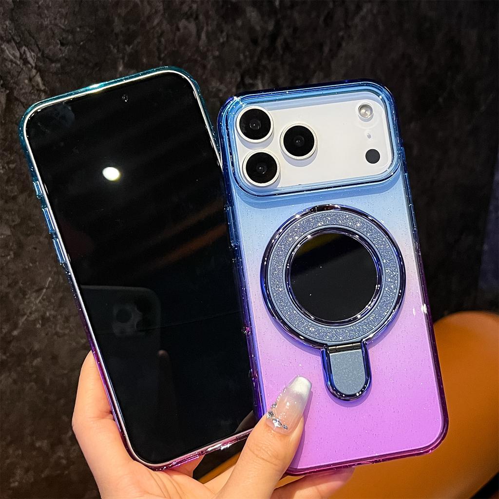 For iPhone 17 Pro Case Glitter PC+TPU Clear Mirror Kickstand Phone Cover with Compatible with MagSafe