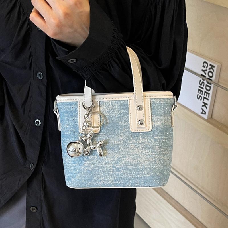 Popular Niche Casual Contrasting Denim Portable Bucket Bag Commuting Versatile Personalized Texture Messenger Women's Bag