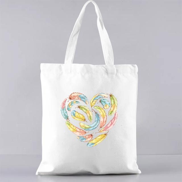 Grundlegende Einkaufstasche im koreanischen Stil, passend zu allen Gelegenheits-Schultertaschen für Pendler, Farbe mit Federmuster, bedruckte Canvas-Lebensmitteltaschen