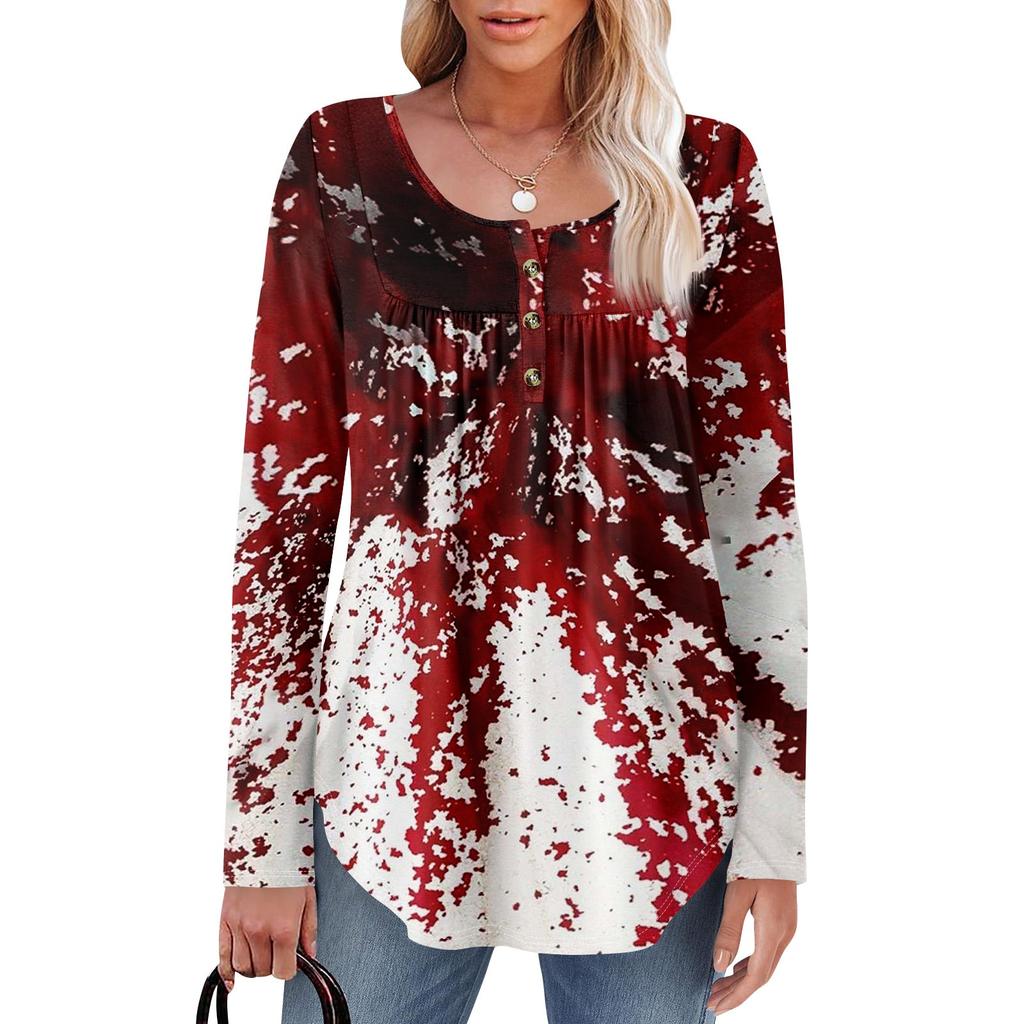 Dam Tunika Långärmad Lös Toppar Casual Oversized Toppar Plisserad Tunika Knäppning Casual Dam Tryckta Toppar