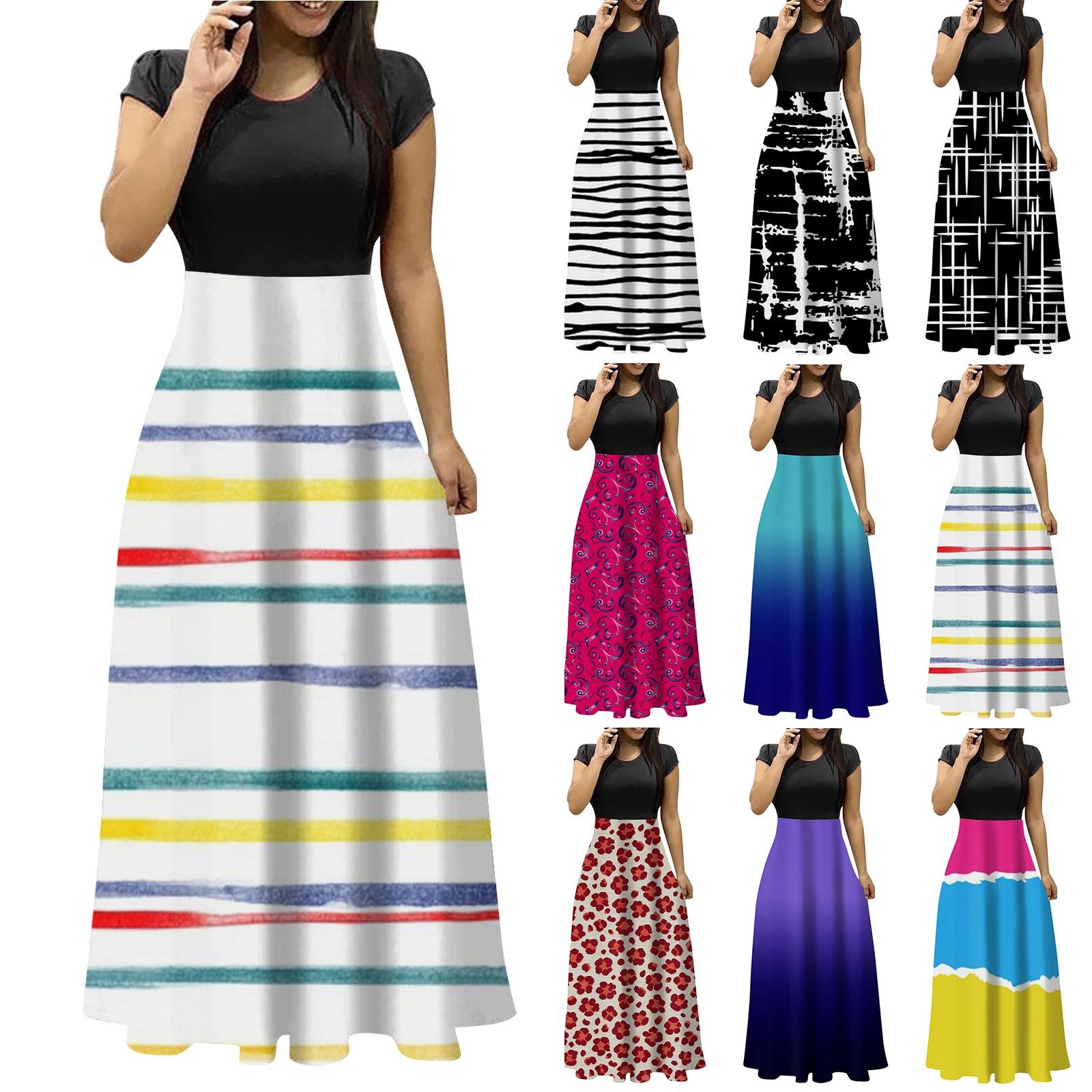 

Женская мода Лето Повседневная печать Свободное платье с круглым вырезом с коротким рукавом Плюс Размер Длинное платье