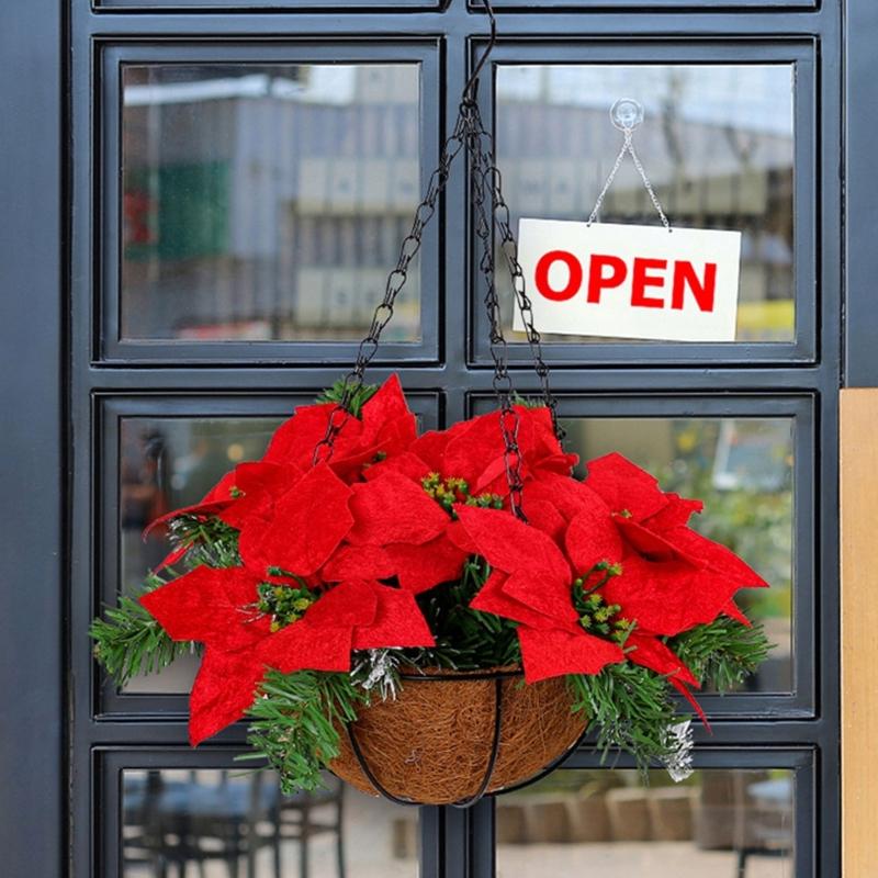Artificial Poinsettia Floral Red Flowers Hanging Basket with LED Lights Christmas Hanging Basket Create Warm Atmosphere