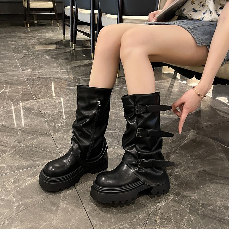 Fashion Designer Thick Heel Women Western Cowboy Boots Fashion Ladies Belt Buckle Knight Booties botas de inverno feminina