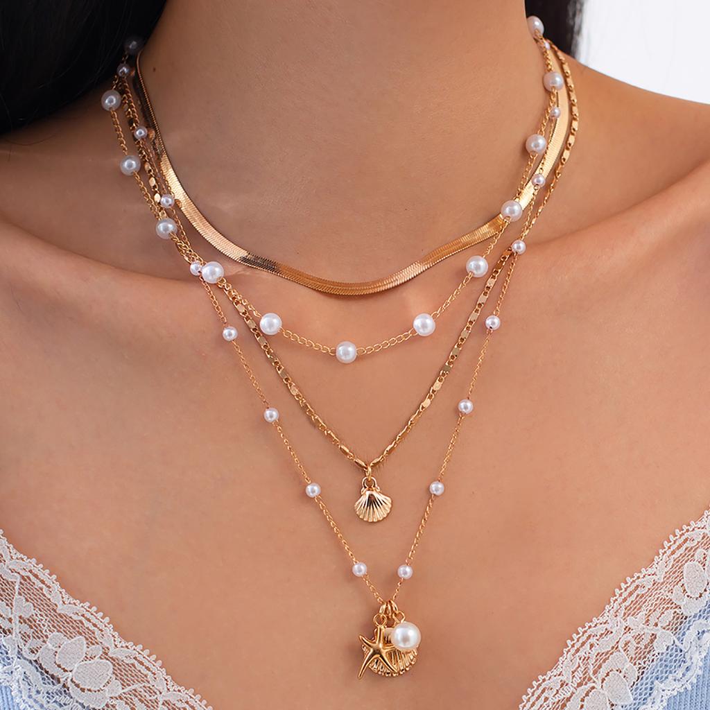 Accessories Simple Temperament Imitation Pearl Necklace Women, Ocean Style Multi-layer Stacked Starfish Shell Necklace