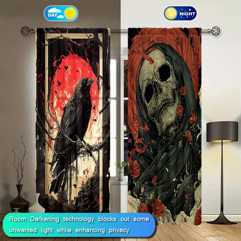 2pcs Skeleton and Crow Printed Curtain for Halloween Home Decor - Rod Pocket Window Treatment for Bedroom, Office, Kitchen