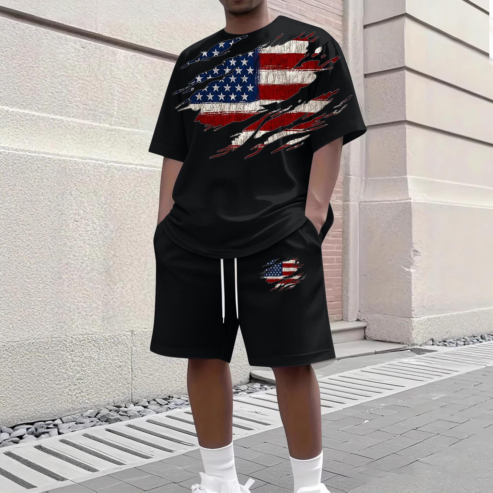

Men s Casual Two Piece Set Short Sleeve Crew Neck Top and Shorts with Flag Print Suitable for Summer Outdoor Activities and Daily Wear L чёрный