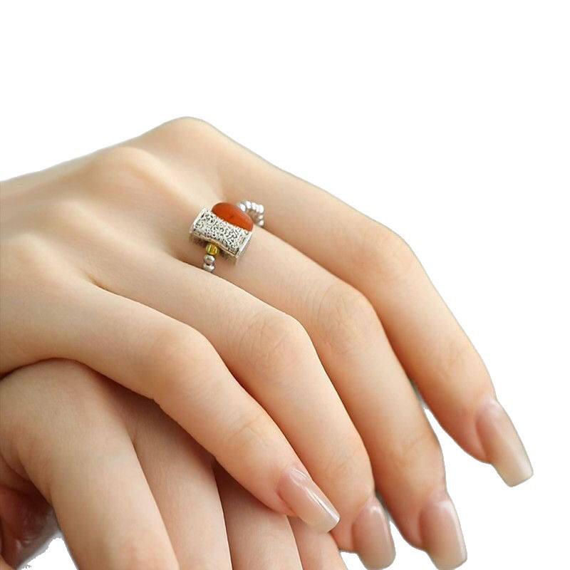 925 Sterling Silver Persimmon Tōtō Ring with Beeswax Elastic Cord: Retro Round Sky Square In New Chinese Style for Safety and Good Fortune