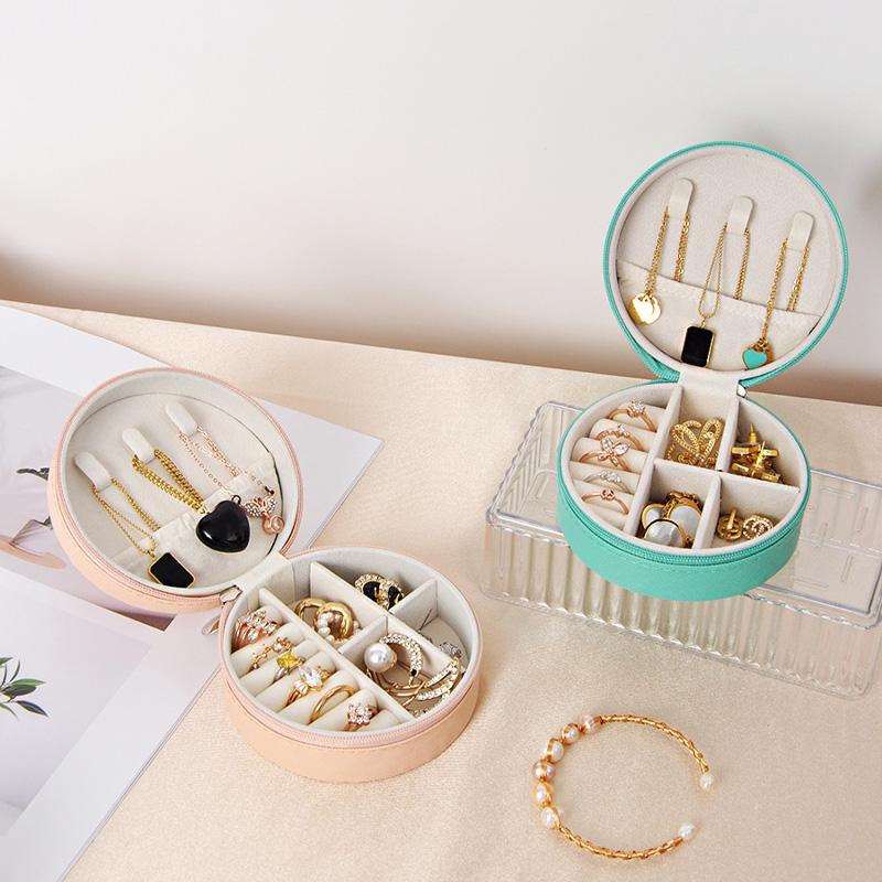 1PC Soft Lining Rings Anti-Scratch for Travel & Gifting Round Portable PU Leather Earrings Jewelry Box Multi-Functional
