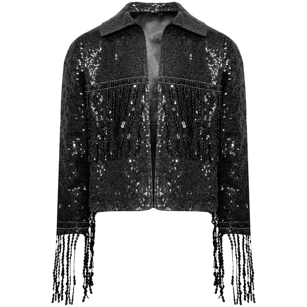 Mädchen Party Jacke Glitzernde Pailletten Quasten Detail Langarm Offen Vorne Bühnenkostüm Mantel