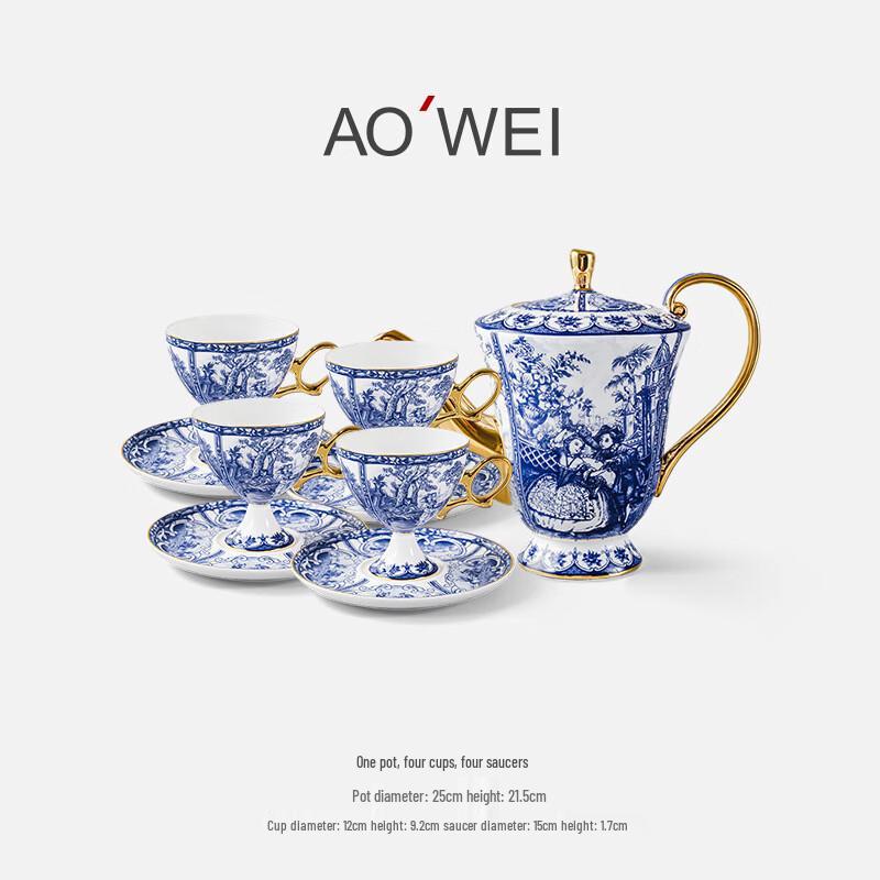 Jun XVII New Year Blue & White Gold-Accented Ceramic Coffee Set