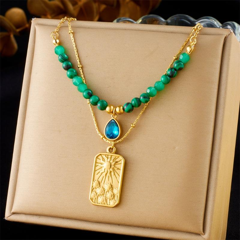 Gold Plated Boho Layered Necklace with Malachite Beads, Blue Zircon Sunflower Tag, Vintage Natural Stone Necklace for Women зелёный