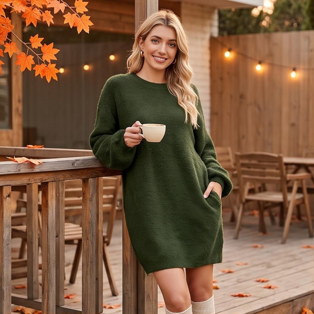 Women's Long Sleeve Round Neck Loose Fit Pullover Sweater Dress for Fall and Winter