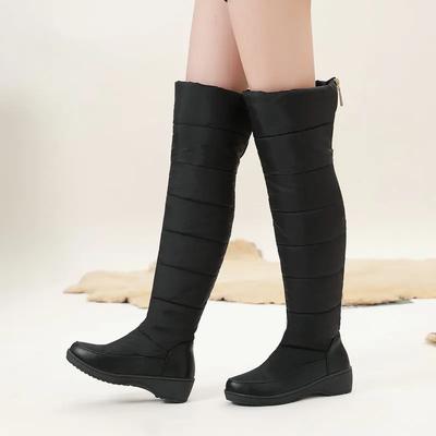 2024 Winter Women Over the Knee Snow Boots Women PU Patchwork Waterproof Down Fabric Thick Cotton Padded Warm Plush Lining Shoes