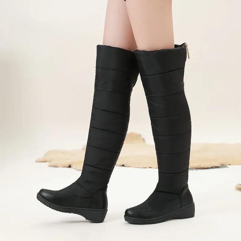 

2024 Winter Women Over the Knee Snow Boots Women PU Patchwork Waterproof Down Fabric Thick Cotton Padded Warm Plush Lining Shoes 35 чёрный