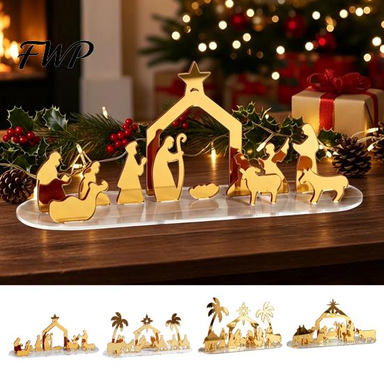Christmas Tabletop Decorations Acrylic Ornament, Mirrored Golden Silhouette Scene, Decorative Living Room Table Decor Desktop Display for Holiday