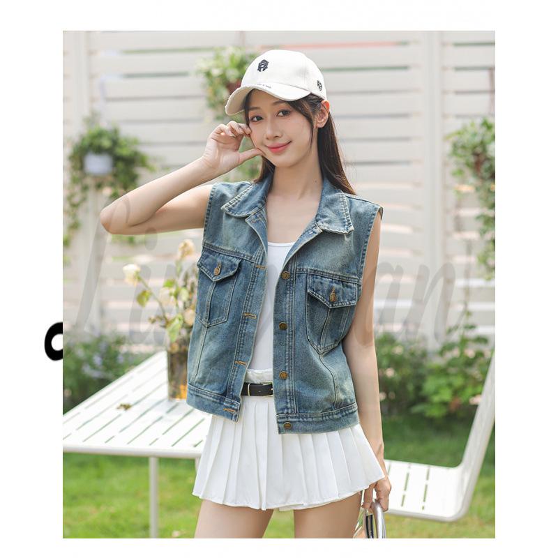 Korean Retro Women s Soft Denim Casual Vest Medium синий